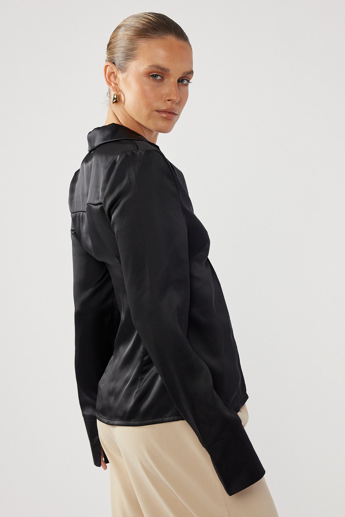 Perfect Stranger Stella Long Sleeve Satin Top Black