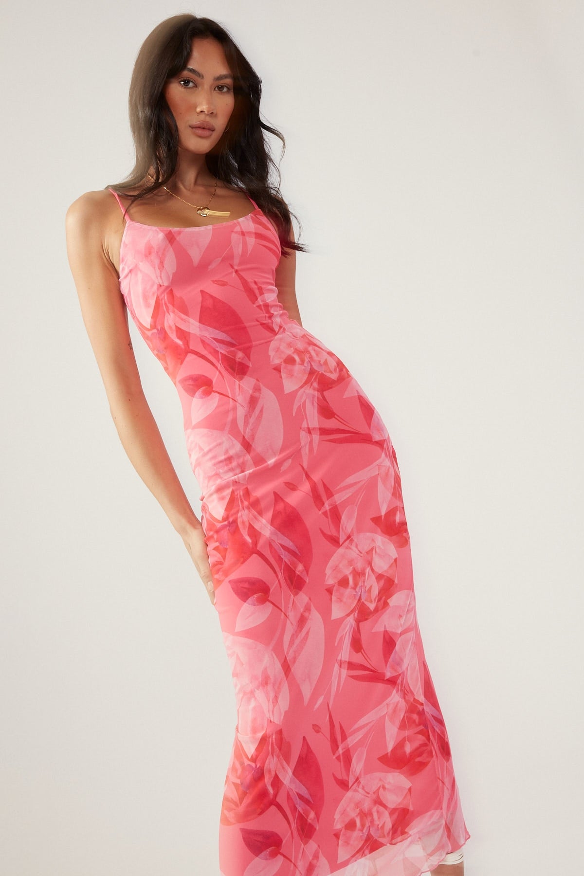 Perfect Stranger Dragonfruit Hint Recycled Mesh Midi Dress Pink Print