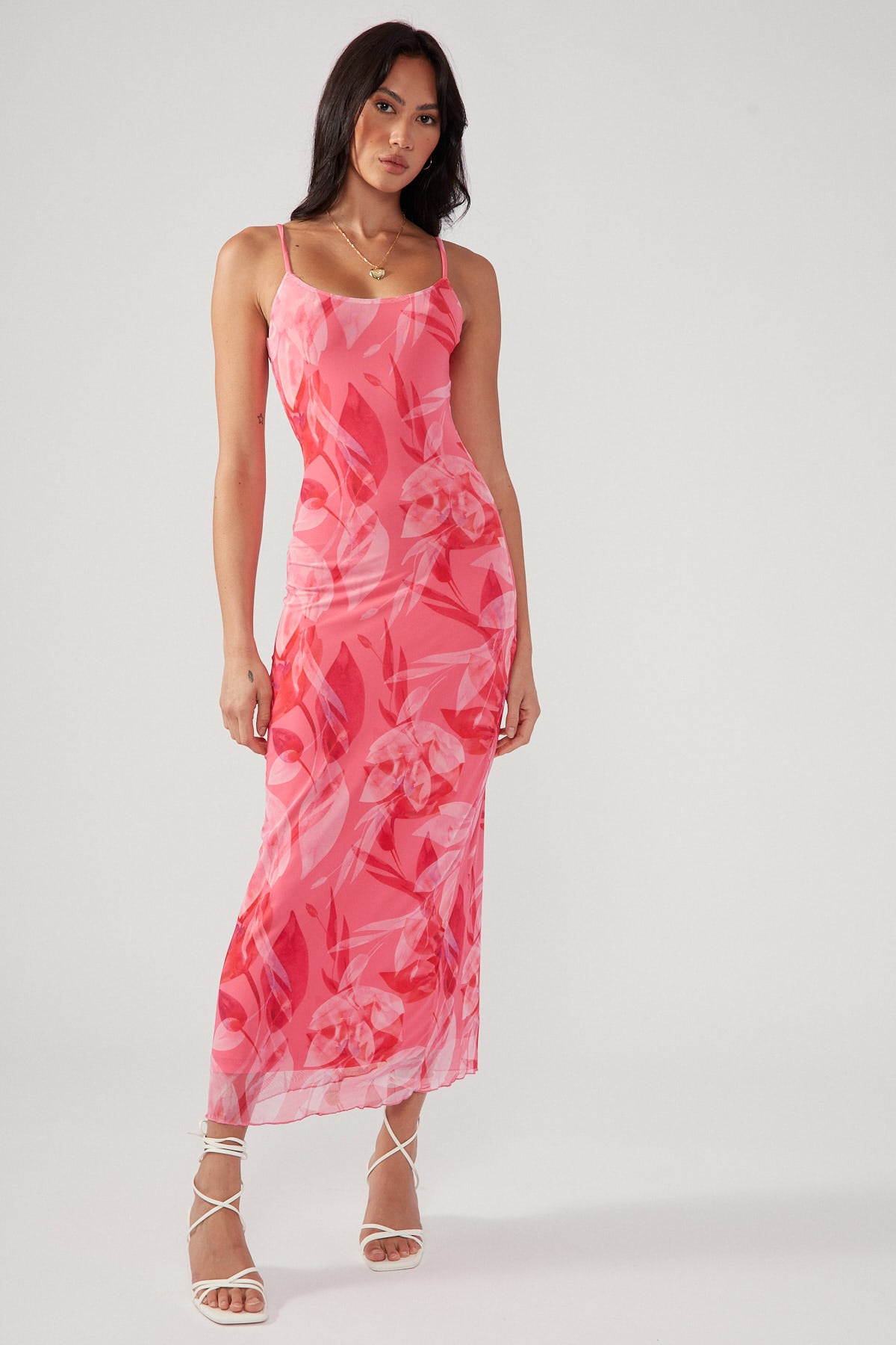 Perfect Stranger Dragonfruit Hint Recycled Mesh Midi Dress Pink Print