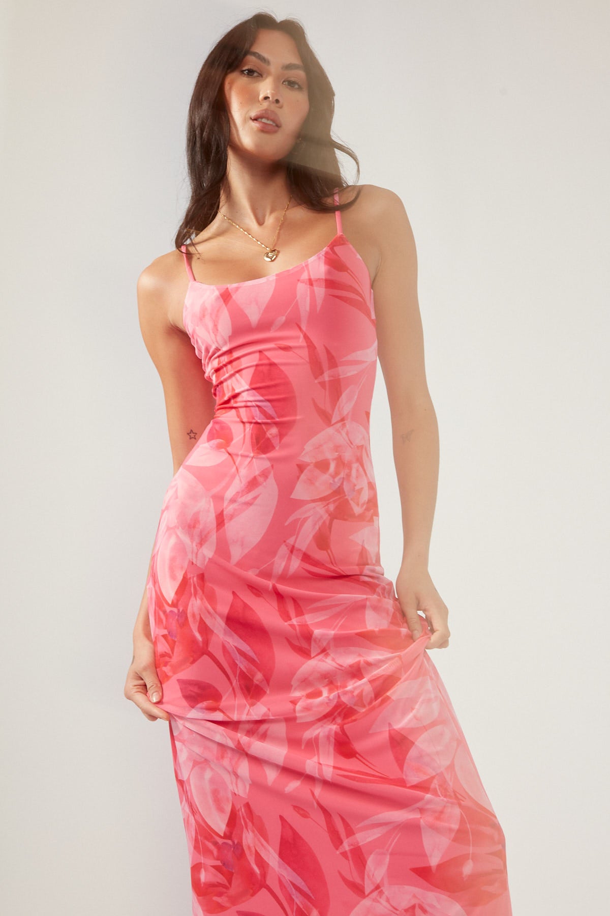 Perfect Stranger Dragonfruit Hint Recycled Mesh Midi Dress Pink Print