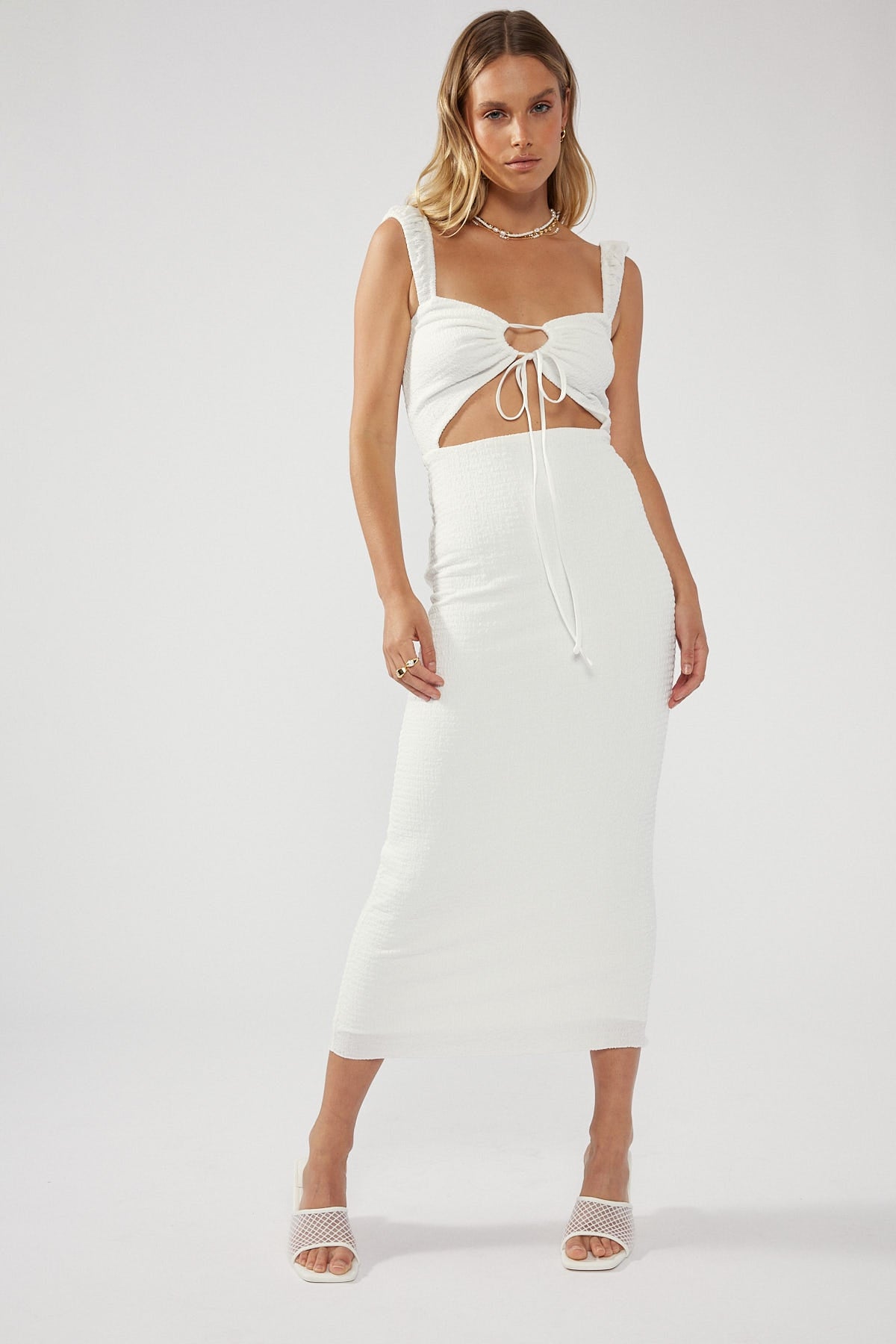 Perfect Stranger Lace Up Textured Midi Dress White