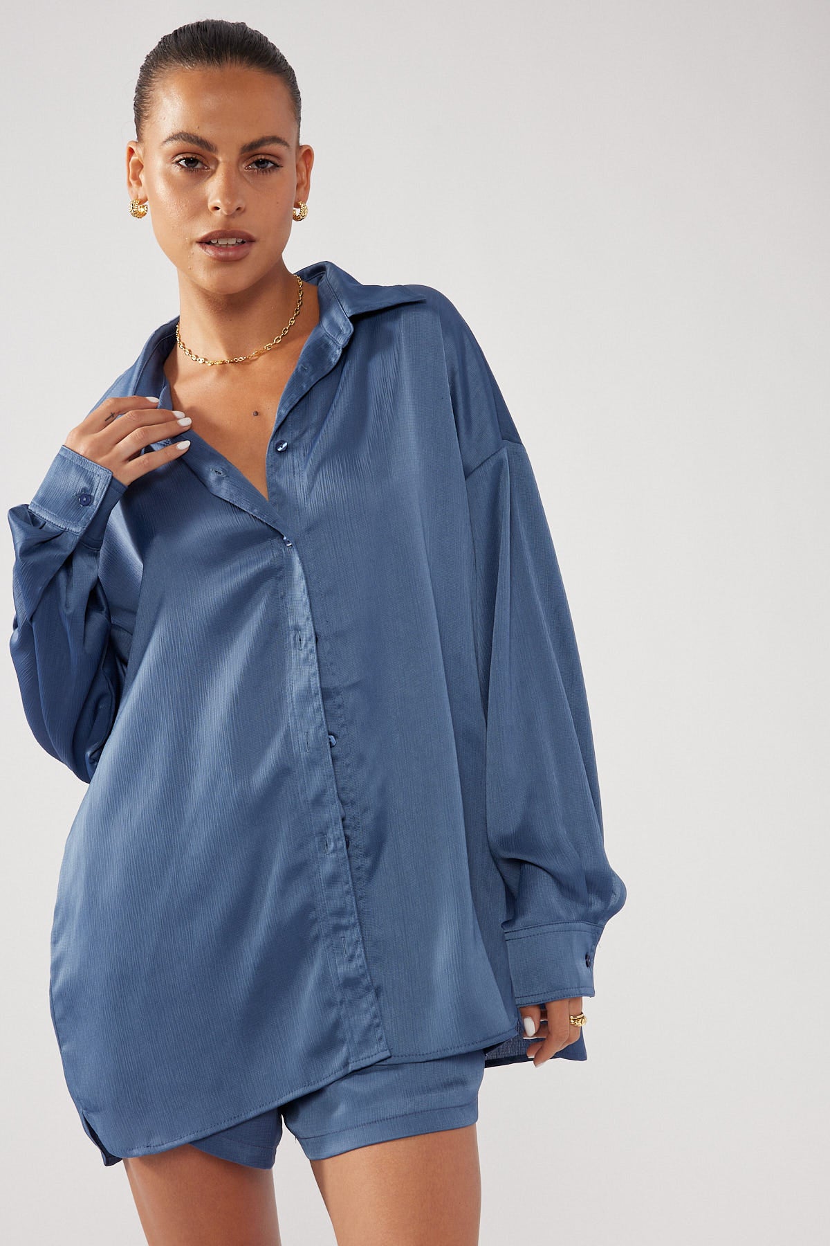 Perfect Stranger Satin Oversized Shirt Blue