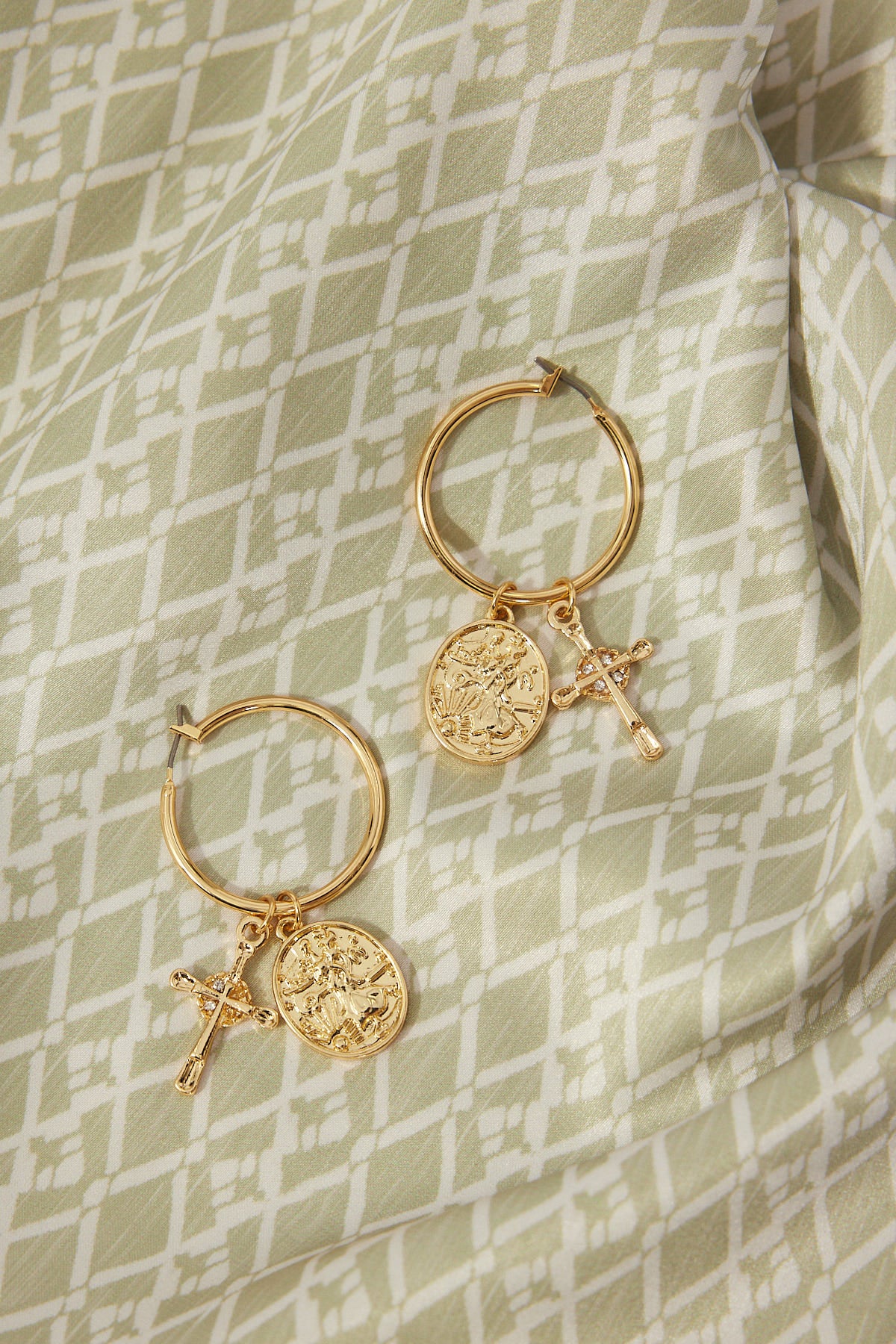 Perfect Stranger Cross Pendant Hoop Earring Gold
