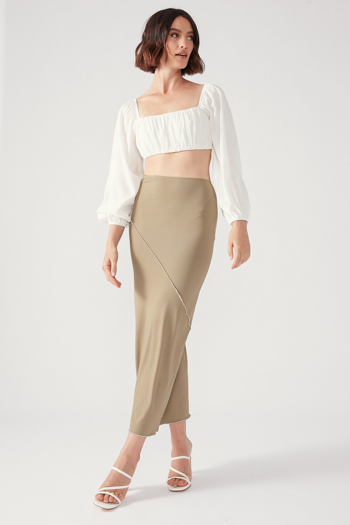 Perfect Stranger Asymmetric Contrast Midi Skirt Khaki
