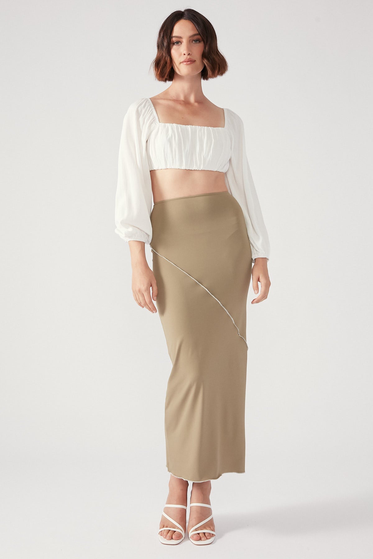 Perfect Stranger Asymmetric Contrast Midi Skirt Khaki
