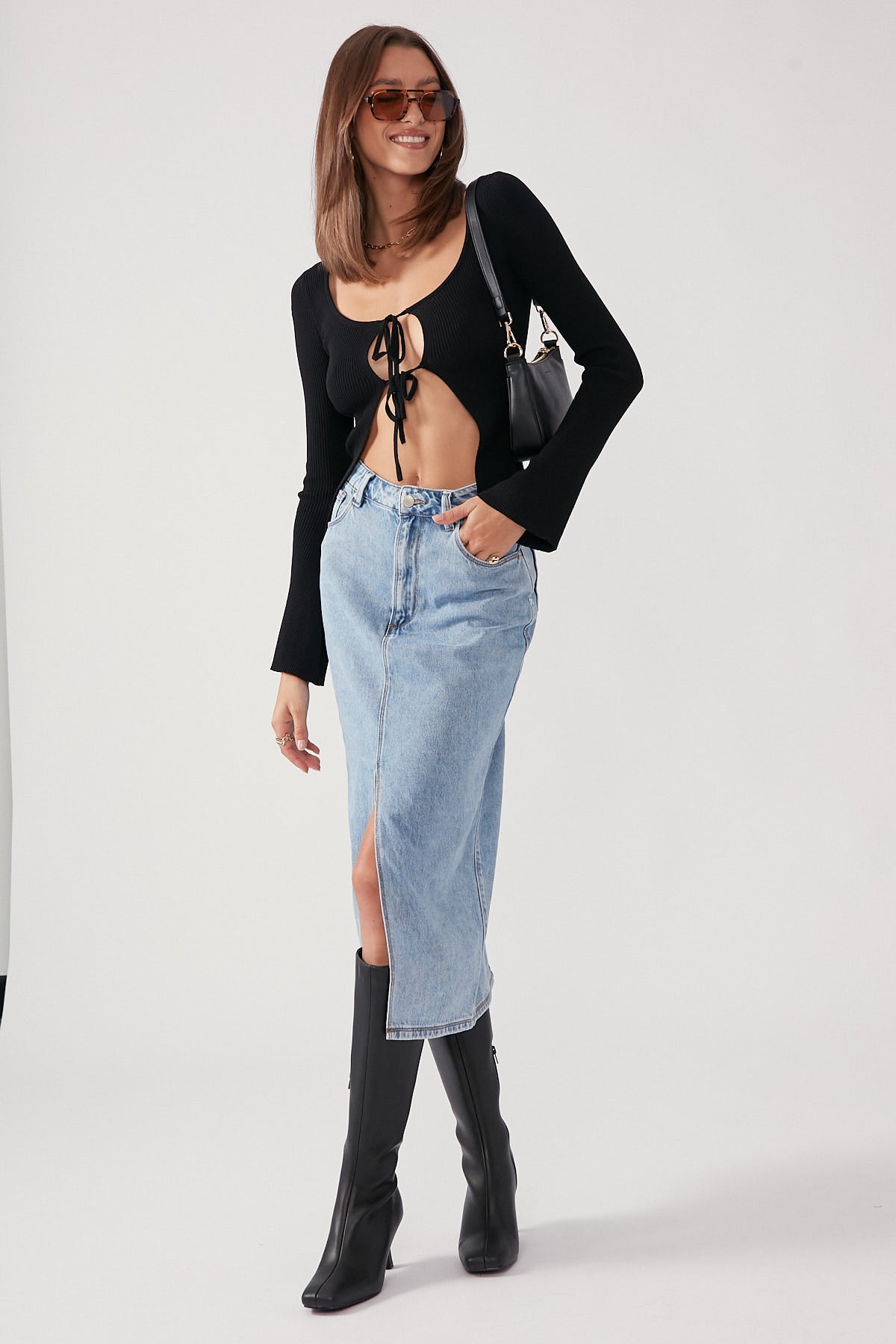 Perfect Stranger Tie Front Knit Top Black