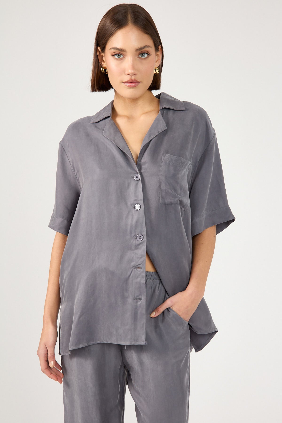 Perfect Stranger Ace Cupro Button Up Shirt Charcoal