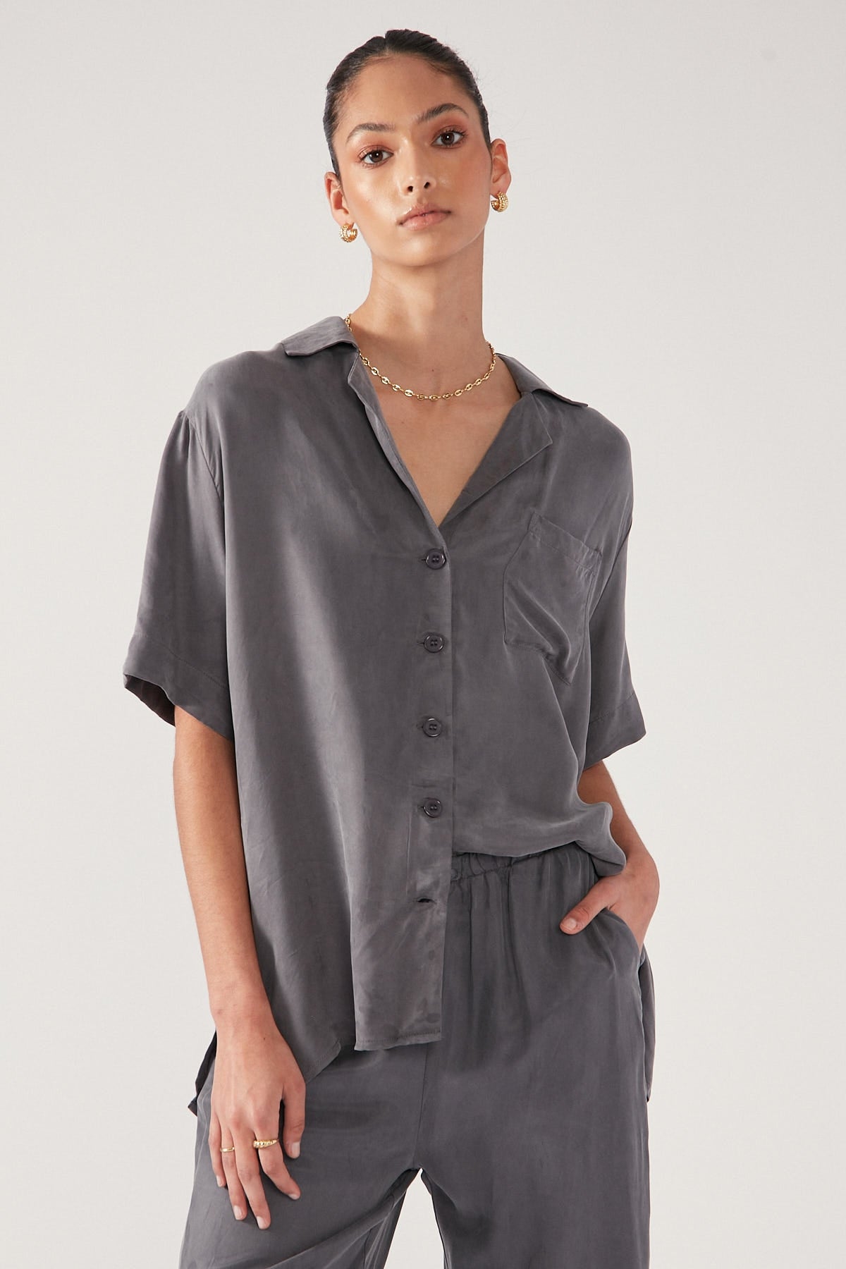 Perfect Stranger Ace Cupro Button Up Shirt Charcoal