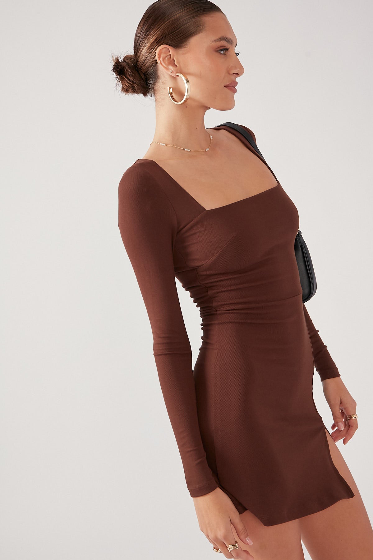 Perfect Stranger Basic Long Sleeve Mini Dress Brown