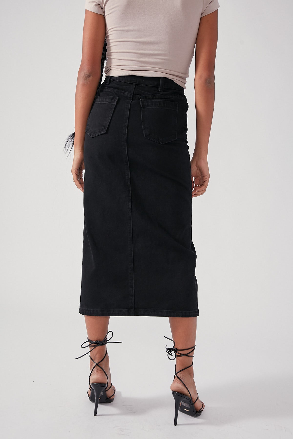 Perfect Stranger High Waist Split Denim Midi Skirt Black Wash