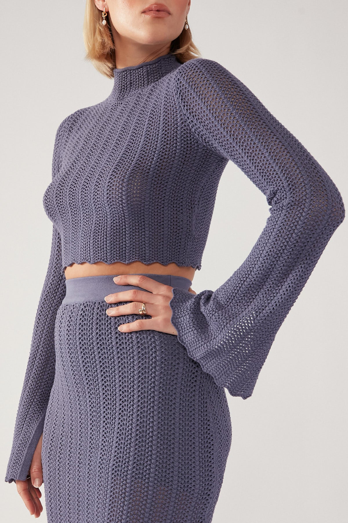 Perfect Stranger Cropped Long Sleeve Crochet Top Blue
