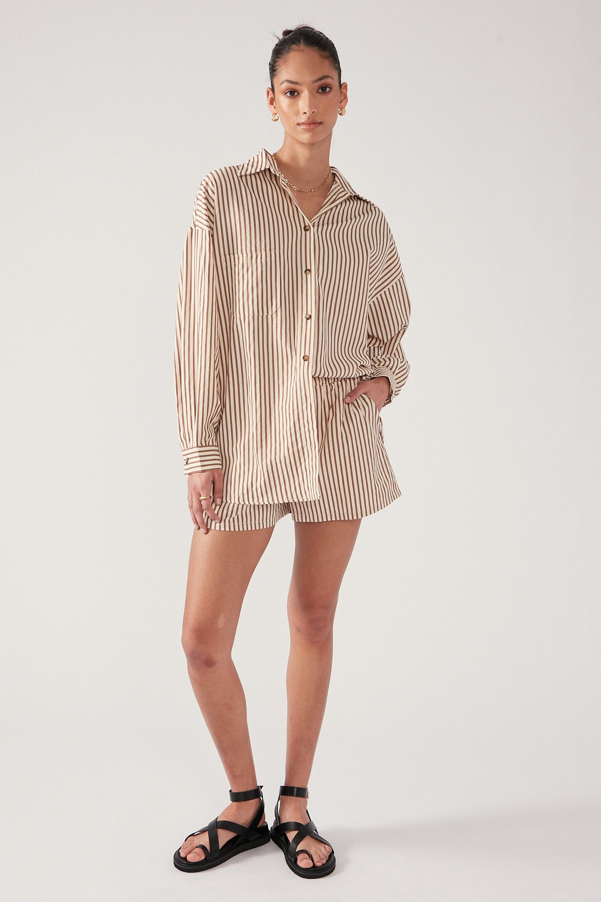 Perfect Stranger Brownie Oversized Striped Shirt Brown Stripe