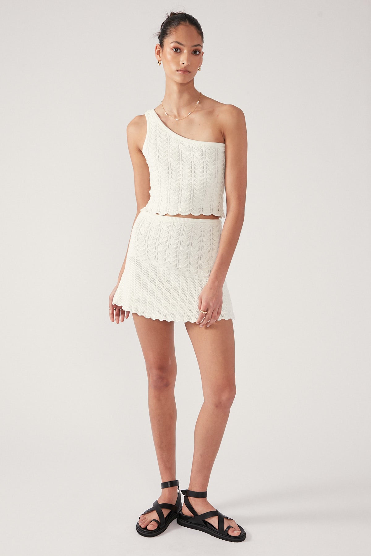 Perfect Stranger Alma Asymmetrical Crochet Knit Mini Skirt Cream