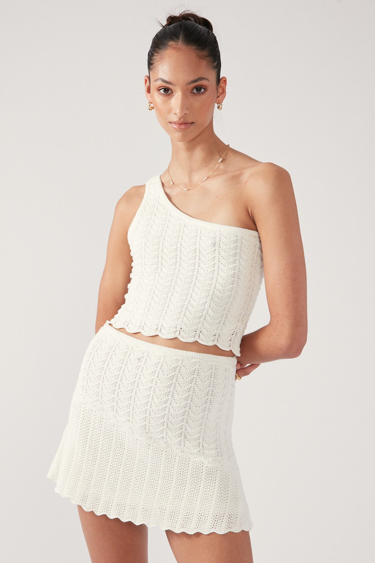 Perfect Stranger Alma Asymmetrical Crochet Knit Mini Skirt Cream