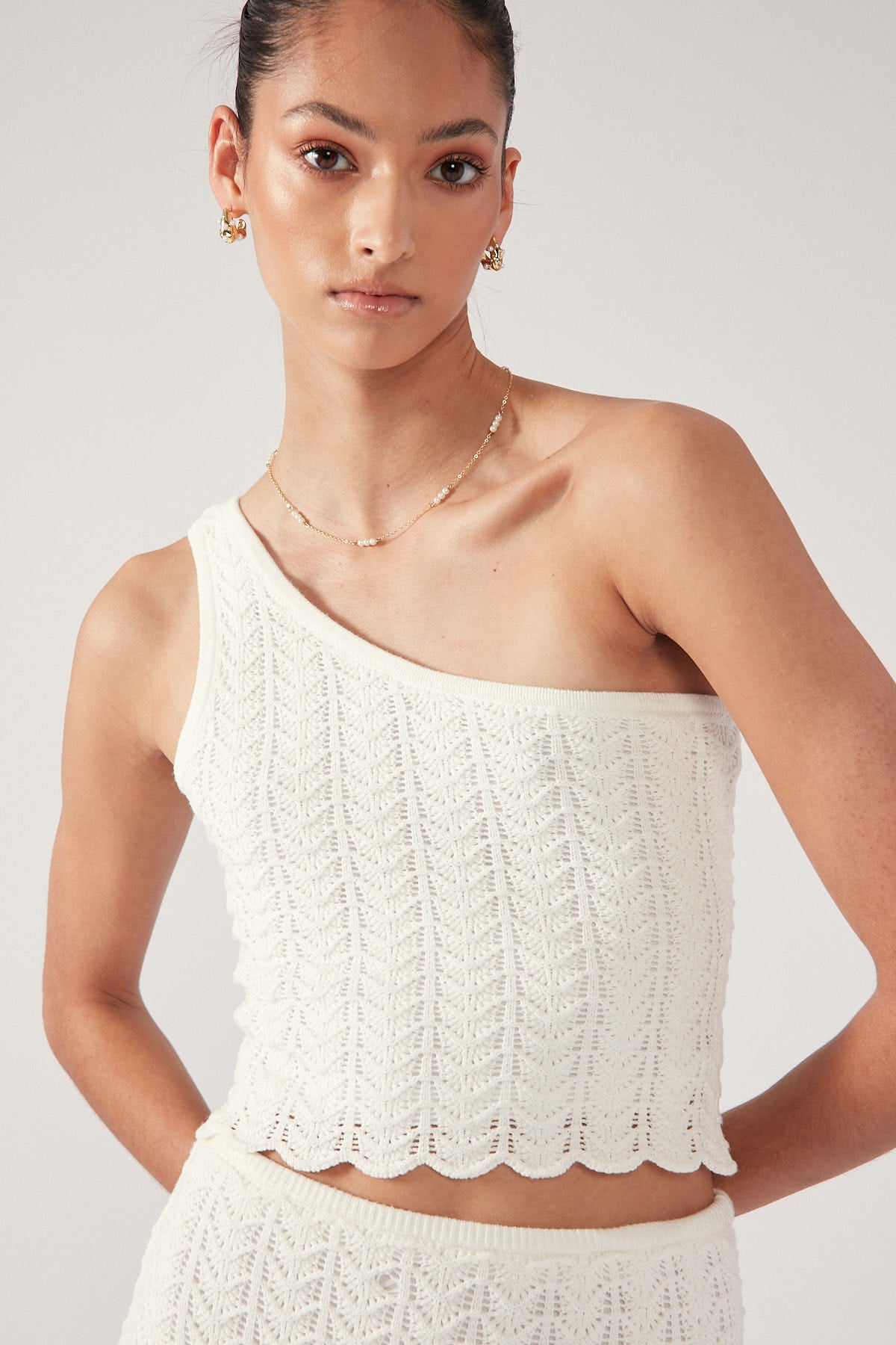 Perfect Stranger Alma Asymmetrical Crochet One Shoulder Crochet Knit Top Cream