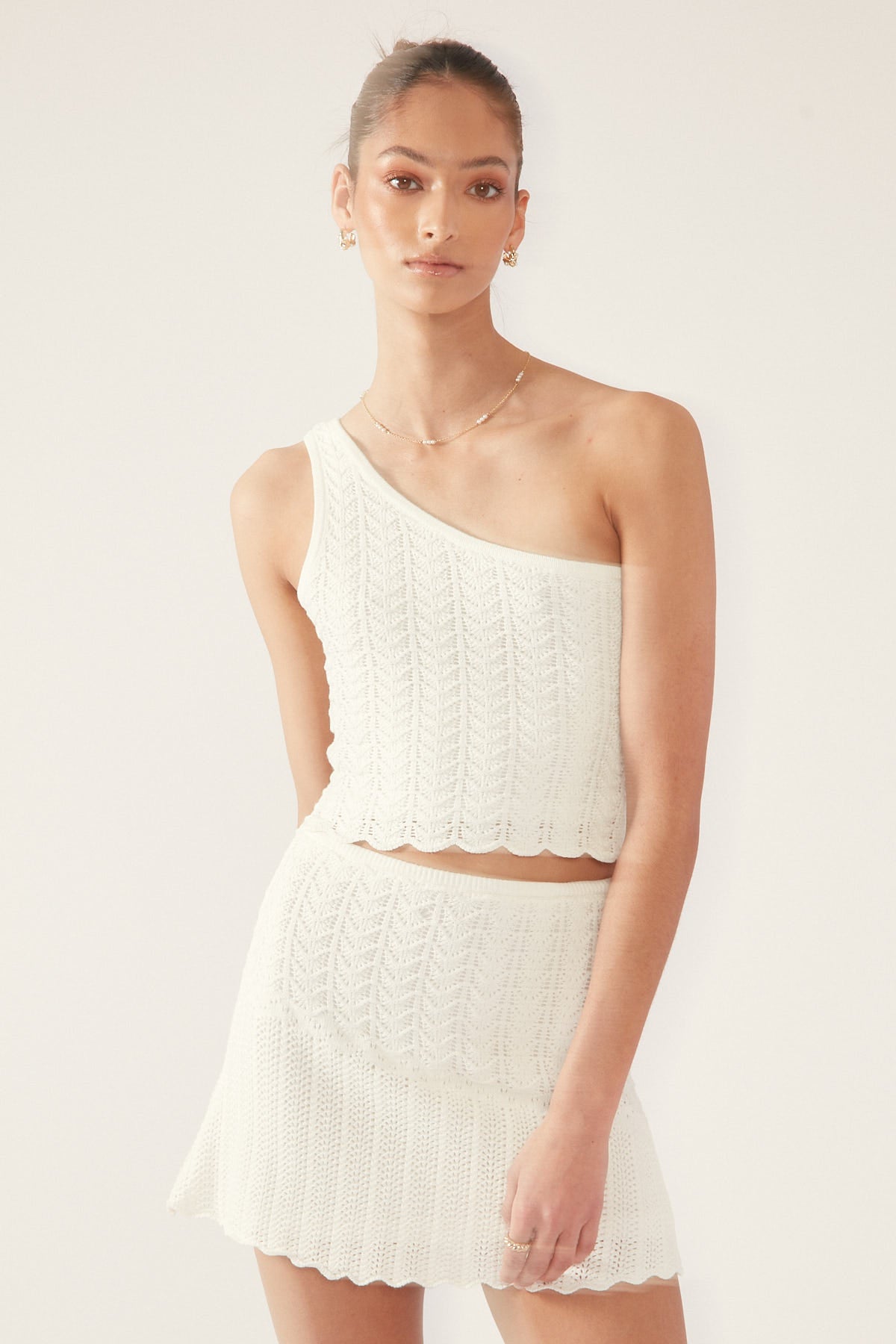 Perfect Stranger Alma Asymmetrical Crochet Knit Top White