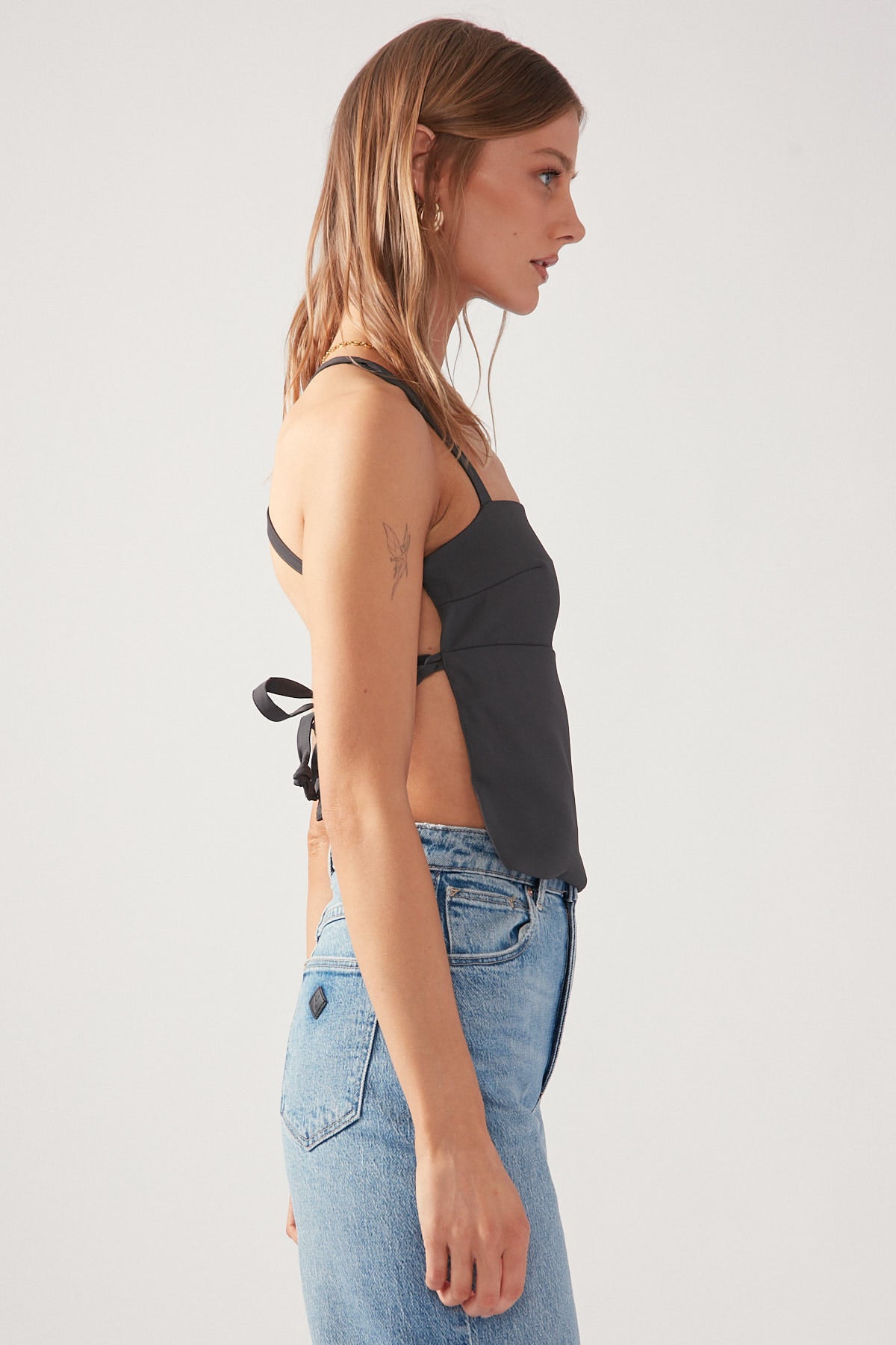 Perfect Stranger Lace Up Back Tie Top Charcoal