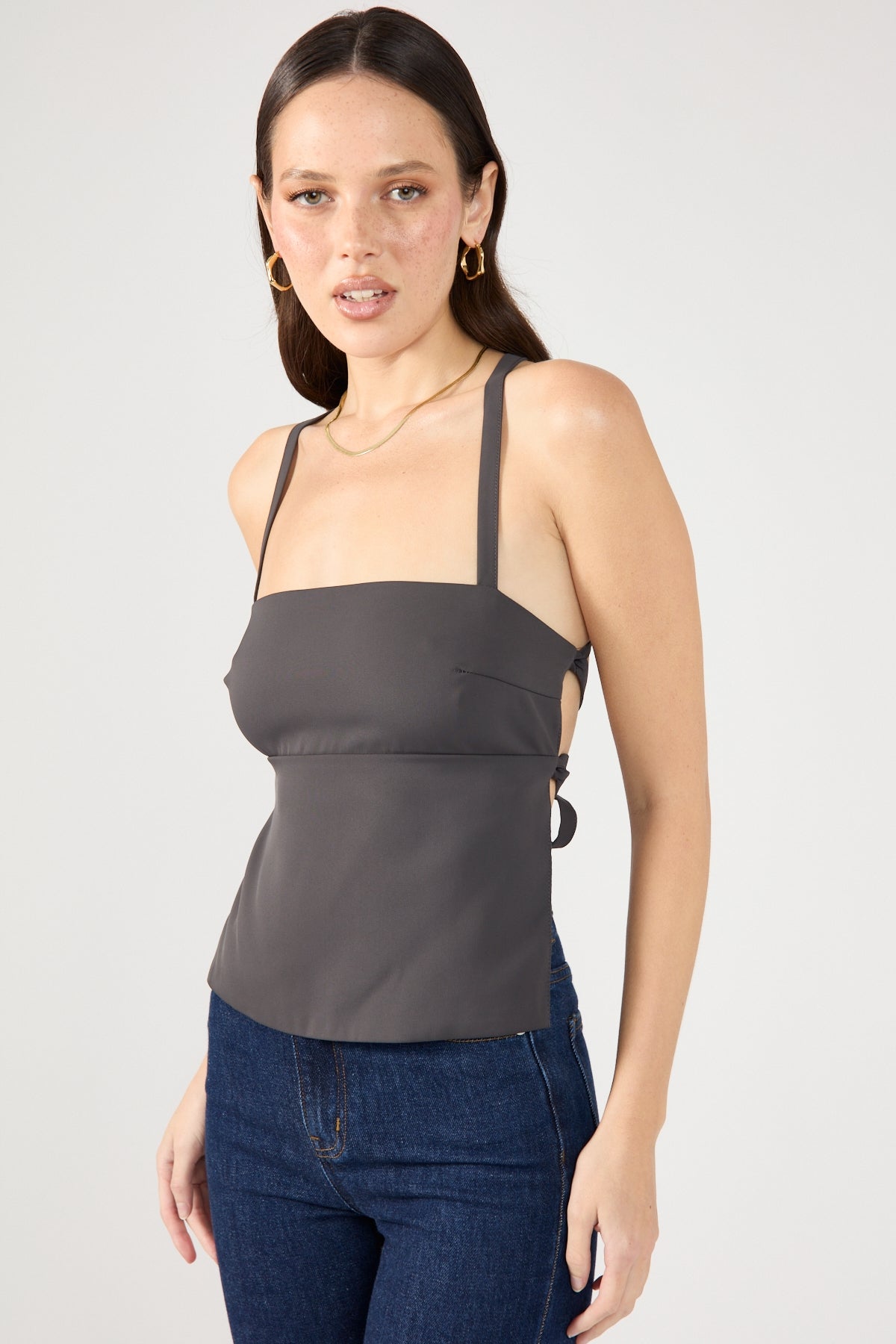 Perfect Stranger Lace Up Back Tie Top Grey