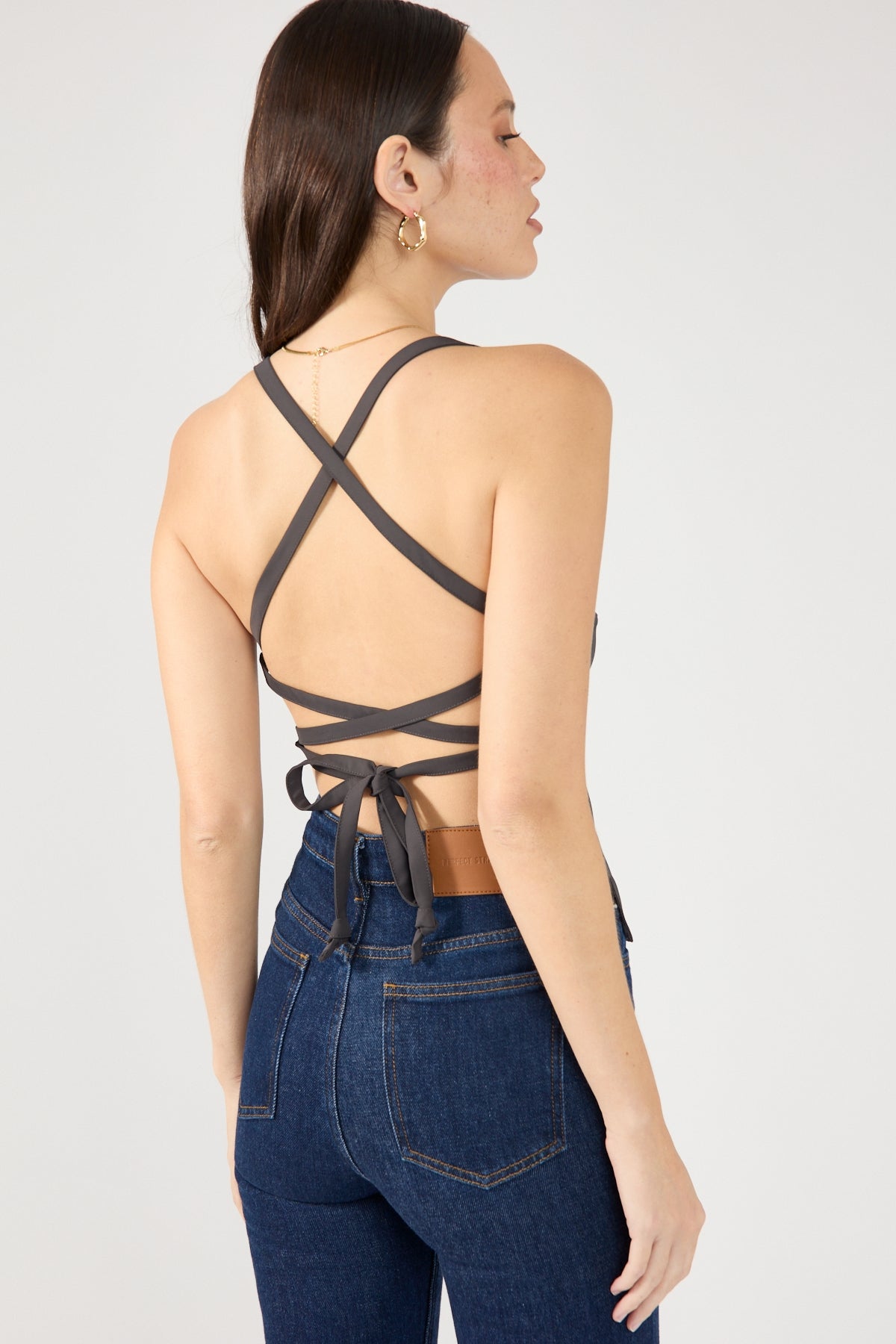 Perfect Stranger Lace Up Back Tie Top Grey