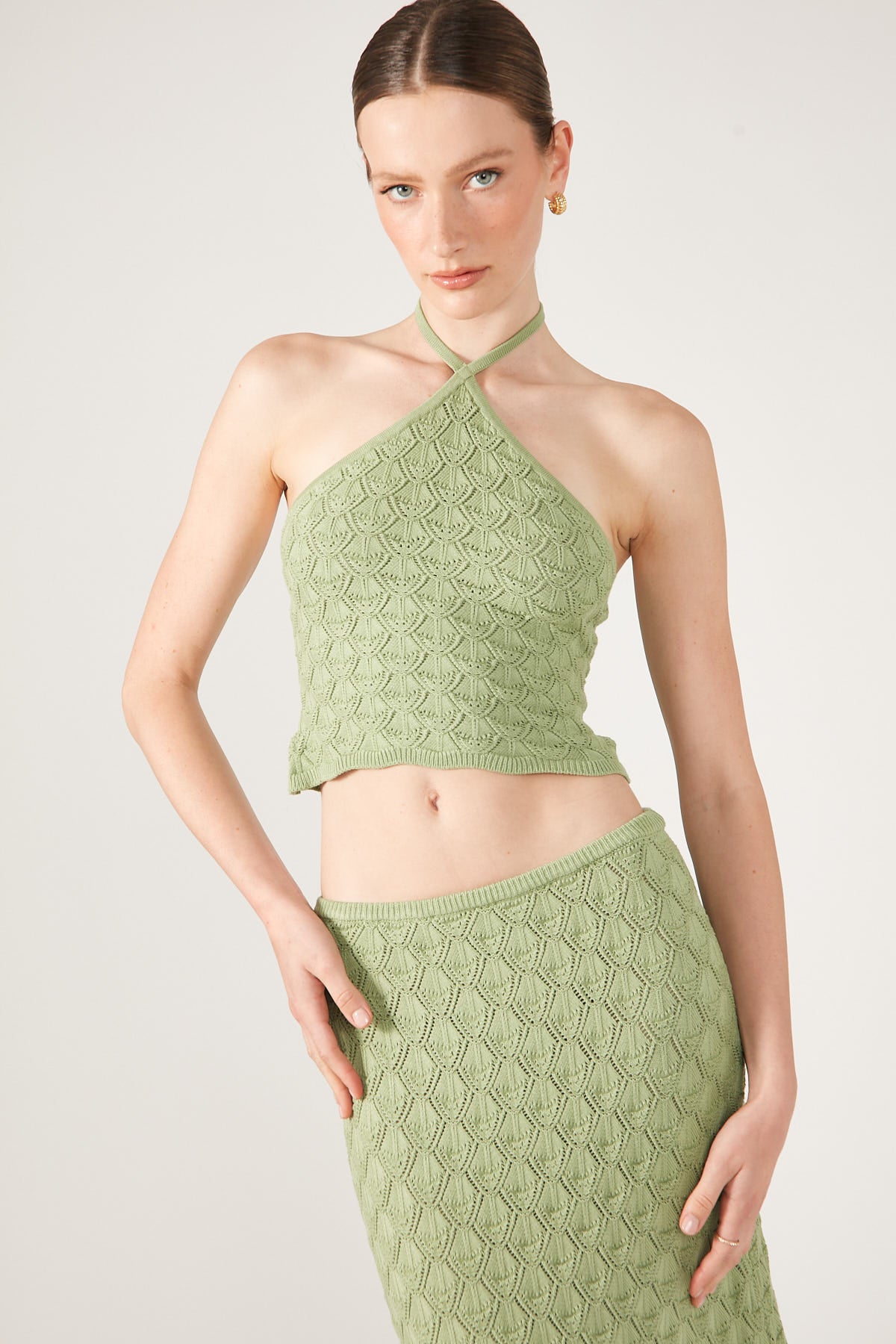 Perfect Stranger Dominique Elissa Golden Hour Crochet Knit Halter Top Green