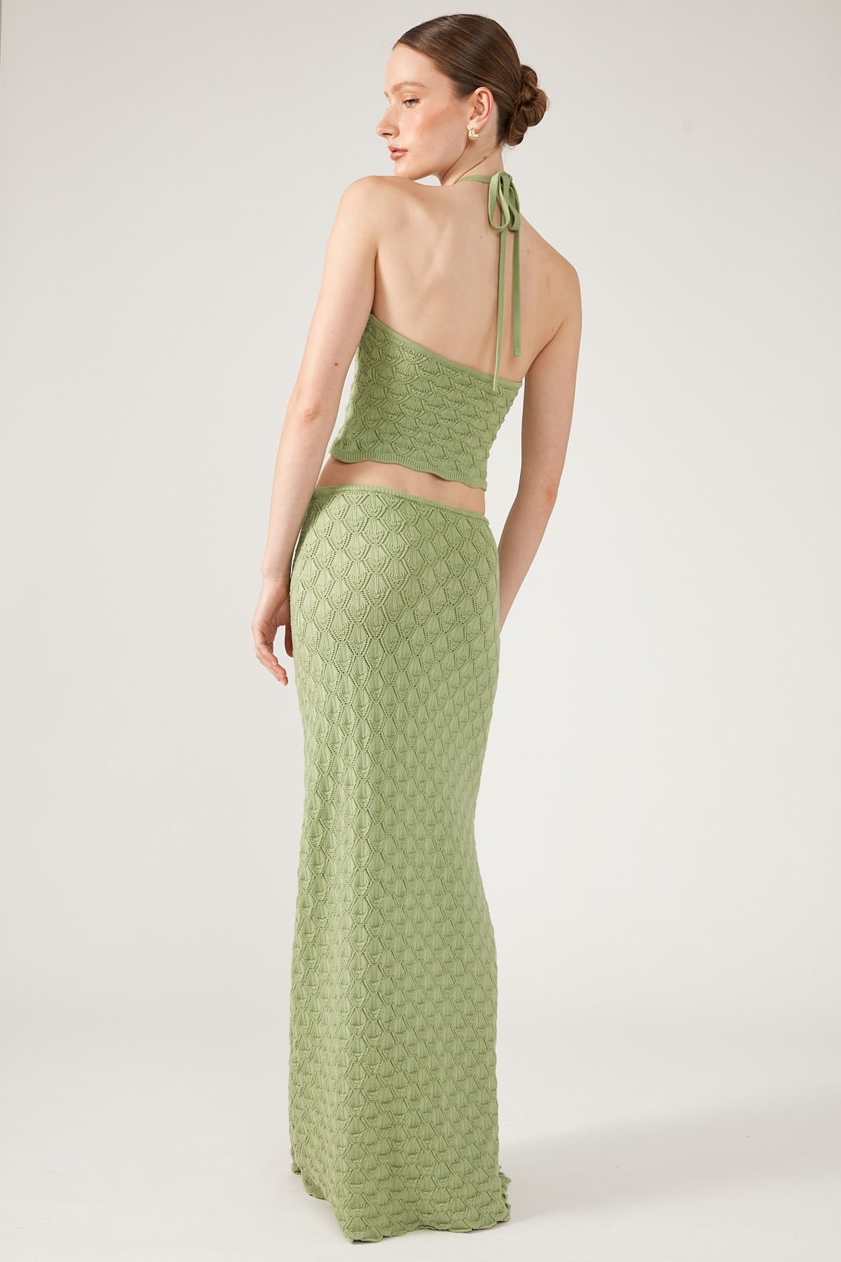 Perfect Stranger Dominique Elissa Golden Hour Crochet Knit Maxi Skirt Green