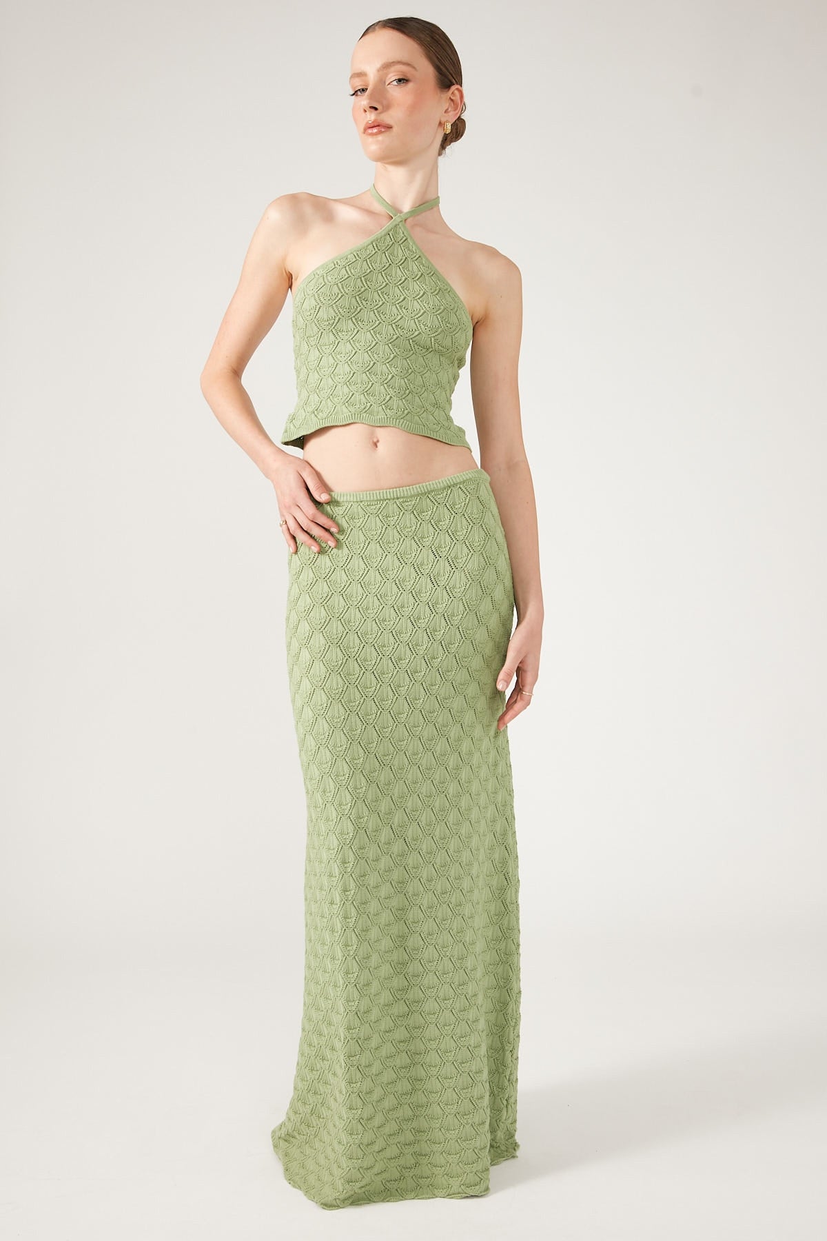 Perfect Stranger Dominique Elissa Golden Hour Crochet Knit Maxi Skirt Green