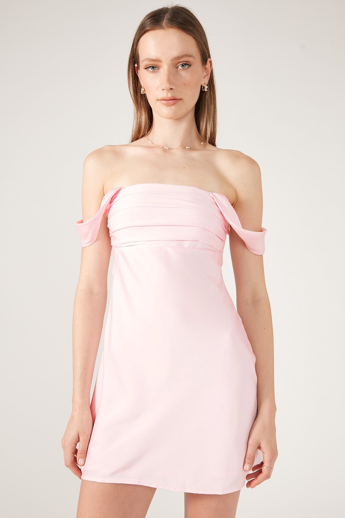 Perfect Stranger Celona Ruched Off Shoulder Mini Dress Pink