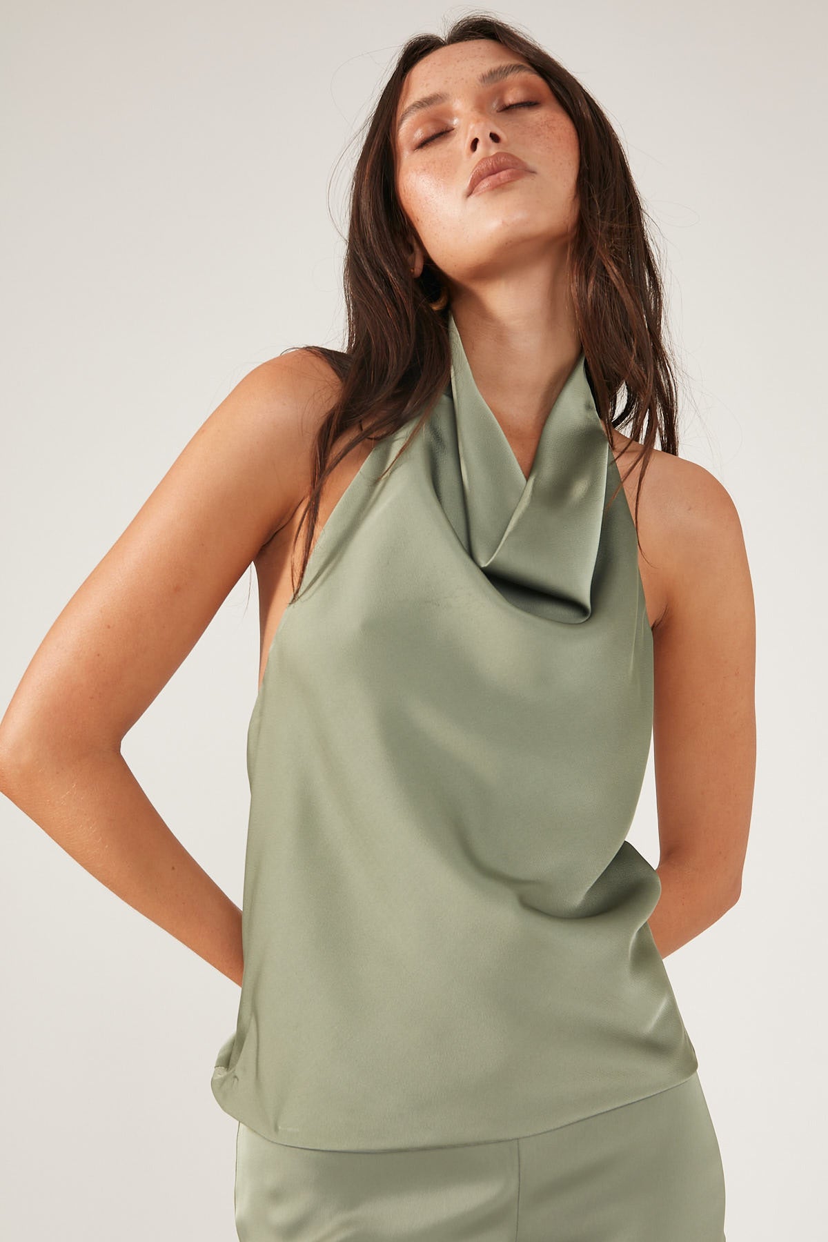 Perfect Stranger OLI SATIN COWL HALTER TOP Khaki