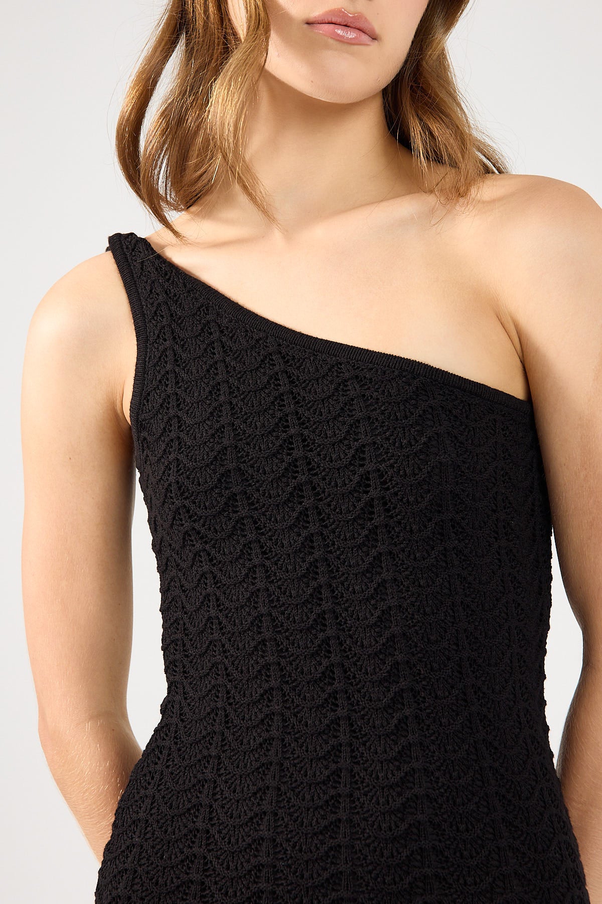 Perfect Stranger Alma One Shoulder Crochet Midi dress Black