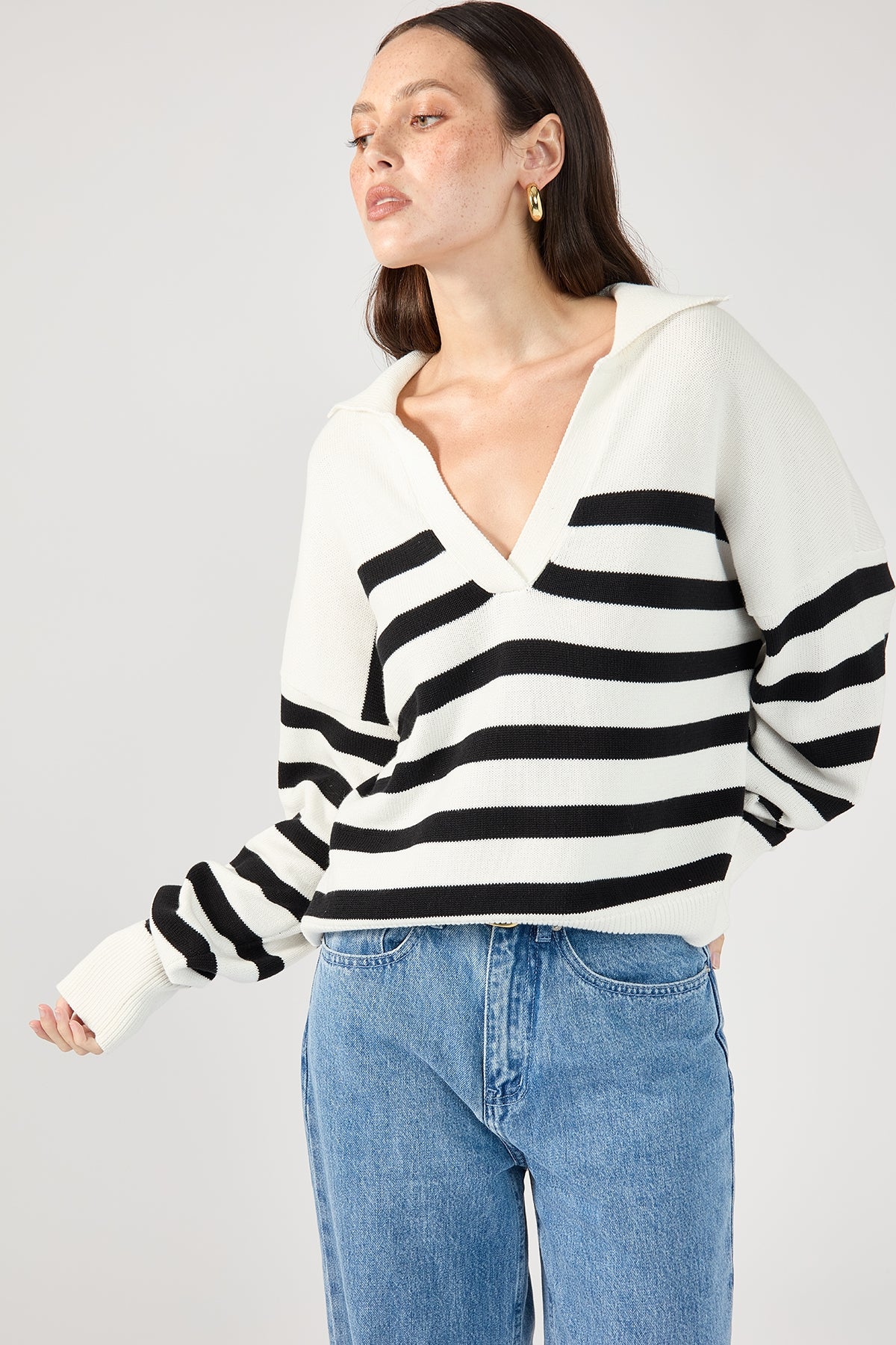 Perfect Stranger Mare Striped Polo Neck Knit Cream Print