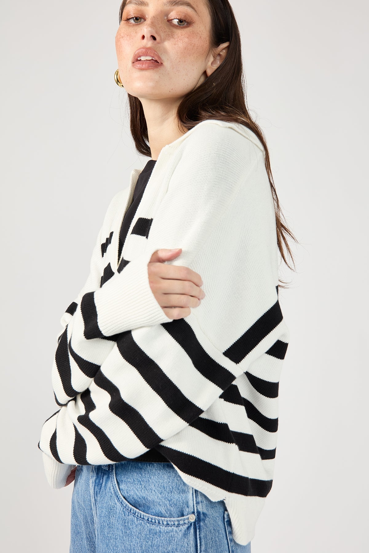 Perfect Stranger Mare Striped Polo Neck Knit Cream Print