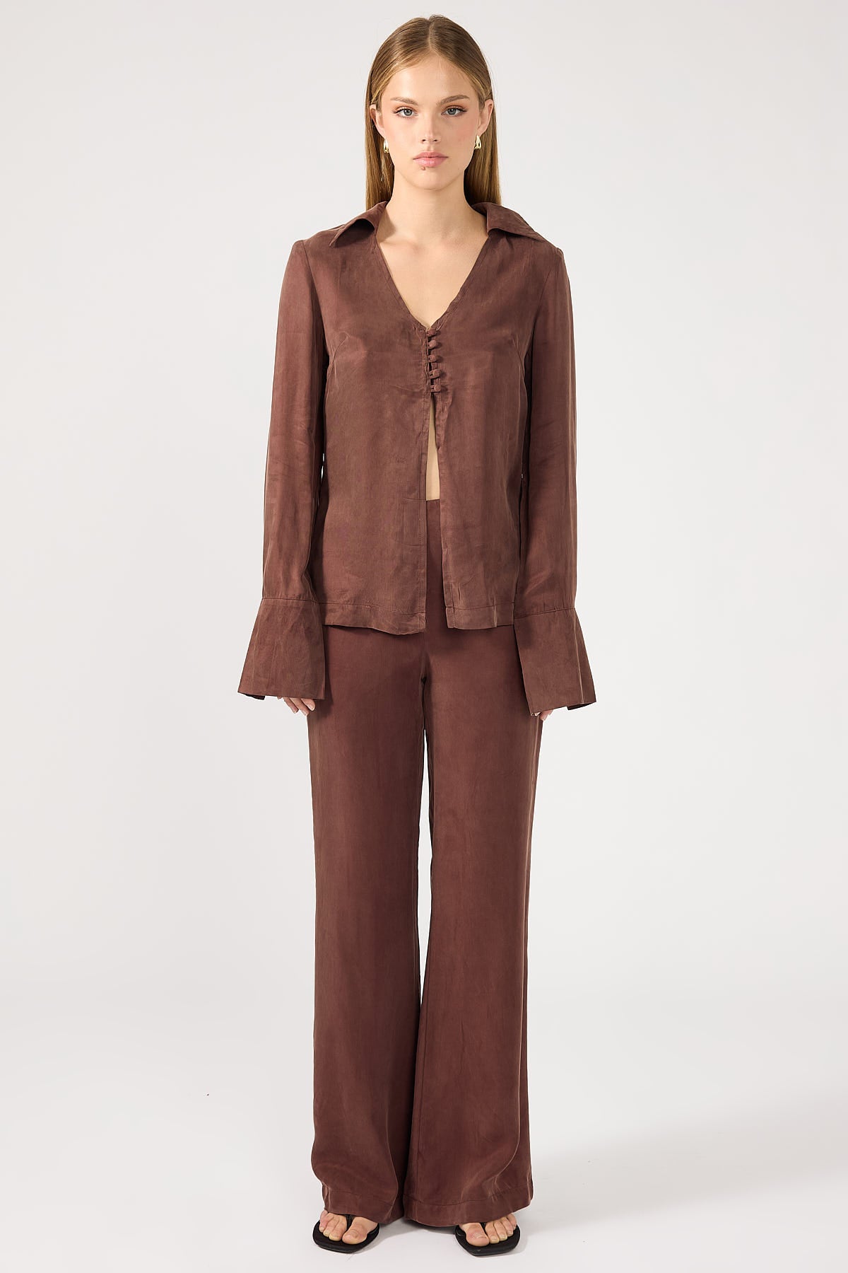 Perfect Stranger Prisca Open Front Button Up Cupro Shirt Brown