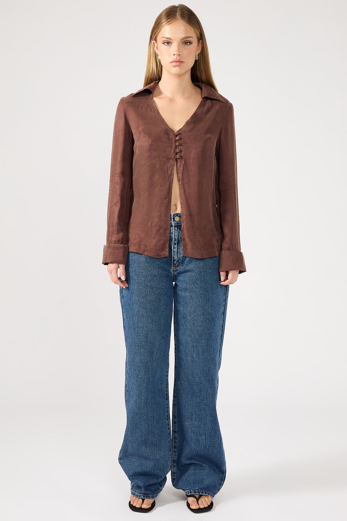 Perfect Stranger Prisca Open Front Button Up Cupro Shirt Brown