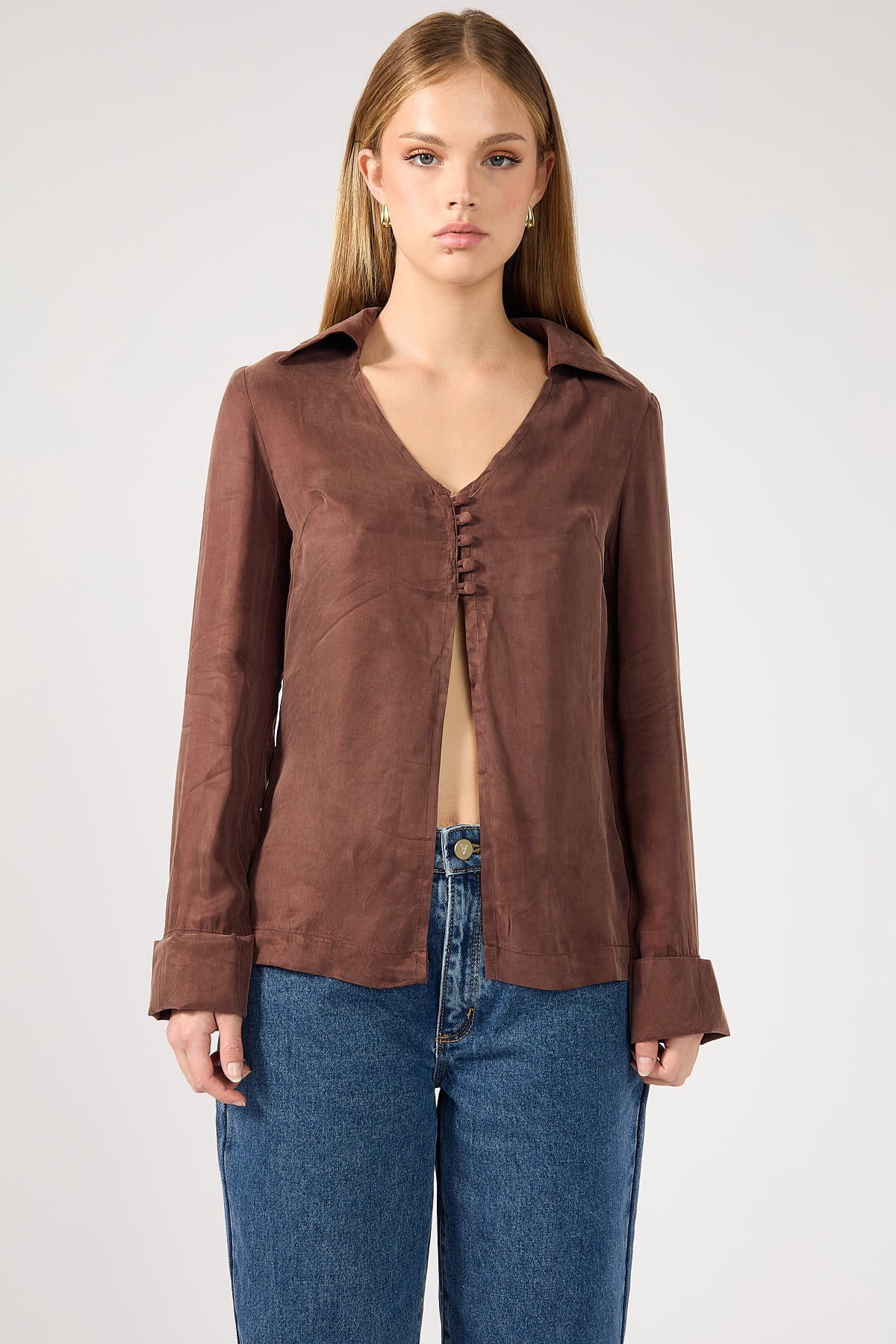 Perfect Stranger Prisca Open Front Button Up Cupro Shirt Brown