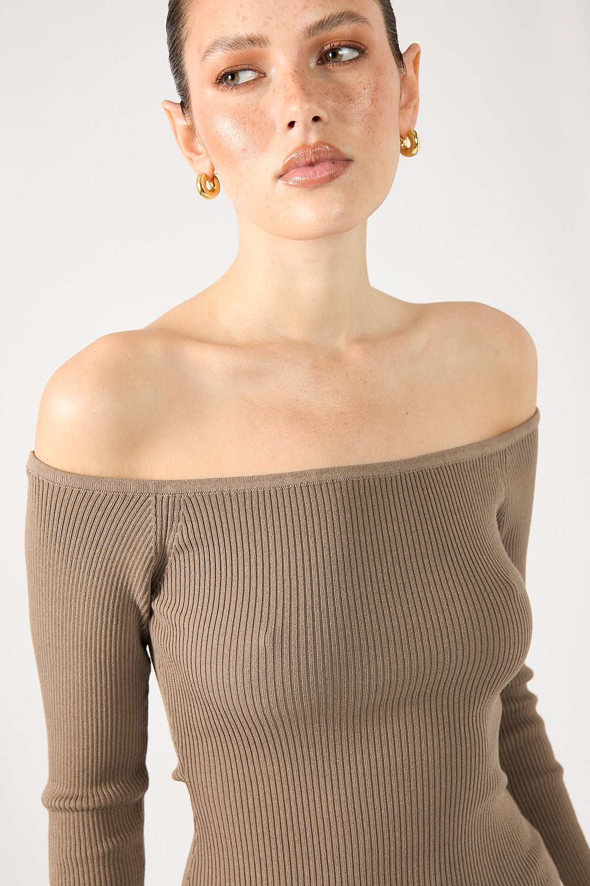 Perfect Stranger Ribbed Off Shoulder Long Sleeve Top TAUPE