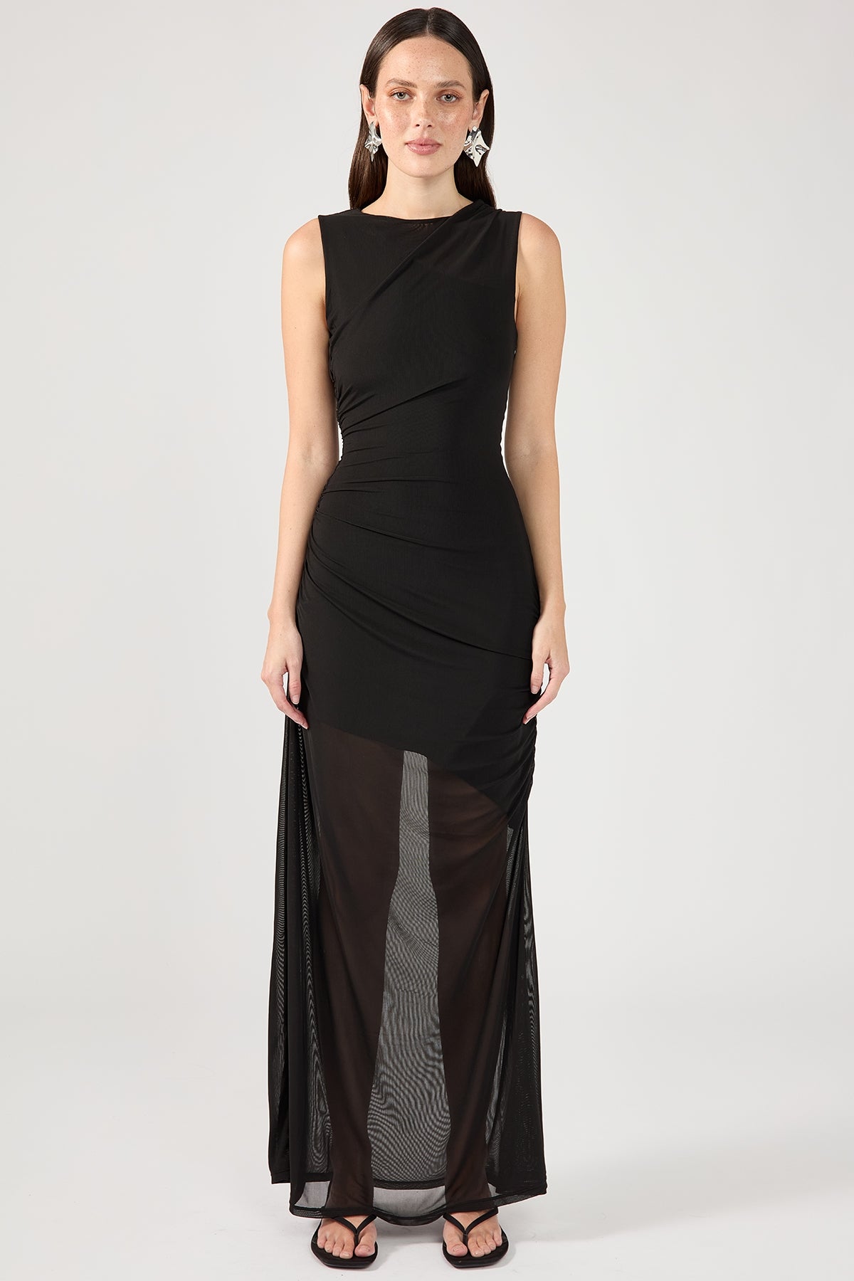 Perfect Stranger Camille Mesh Draped Maxi Dress Black