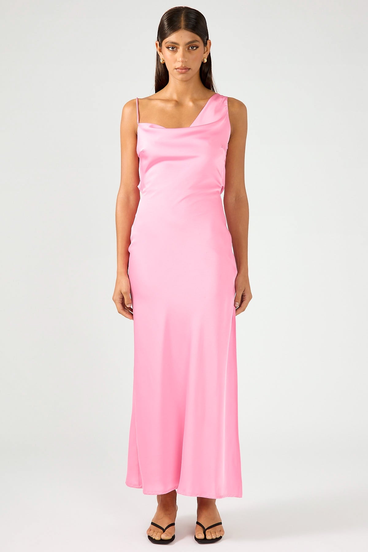 Perfect Stranger Dais Asymmetrical Satin Maxi Dress Pink