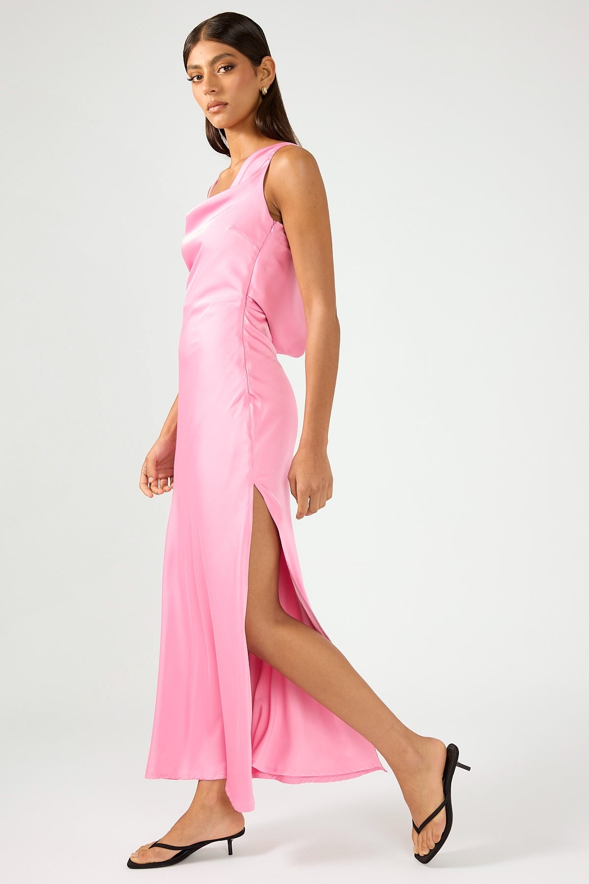 Perfect Stranger Dais Asymmetrical Satin Maxi Dress Pink