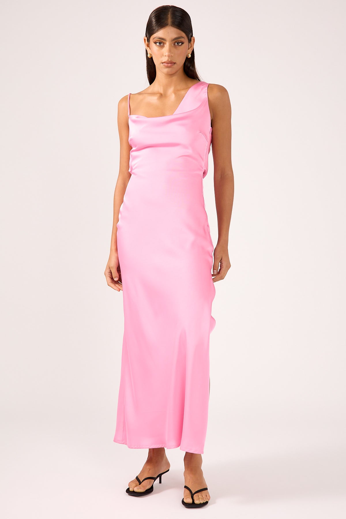 Perfect Stranger Dais Asymmetrical Satin Maxi Dress Pink