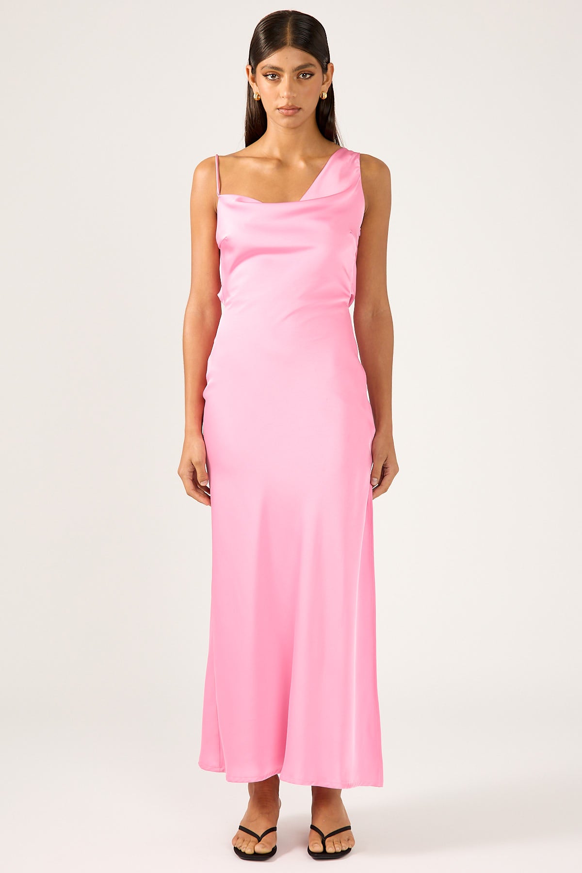 Perfect Stranger Dais Asymmetrical Satin Maxi Dress Pink