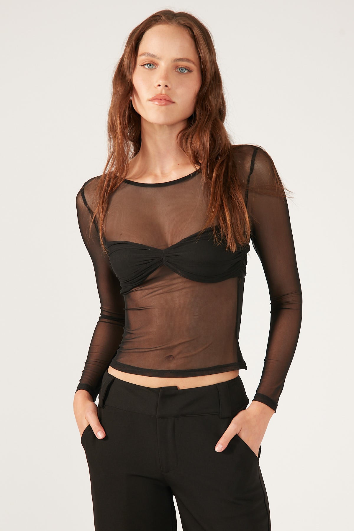 Perfect Stranger TWISTED MESH LONG SLEEVE TOP Black