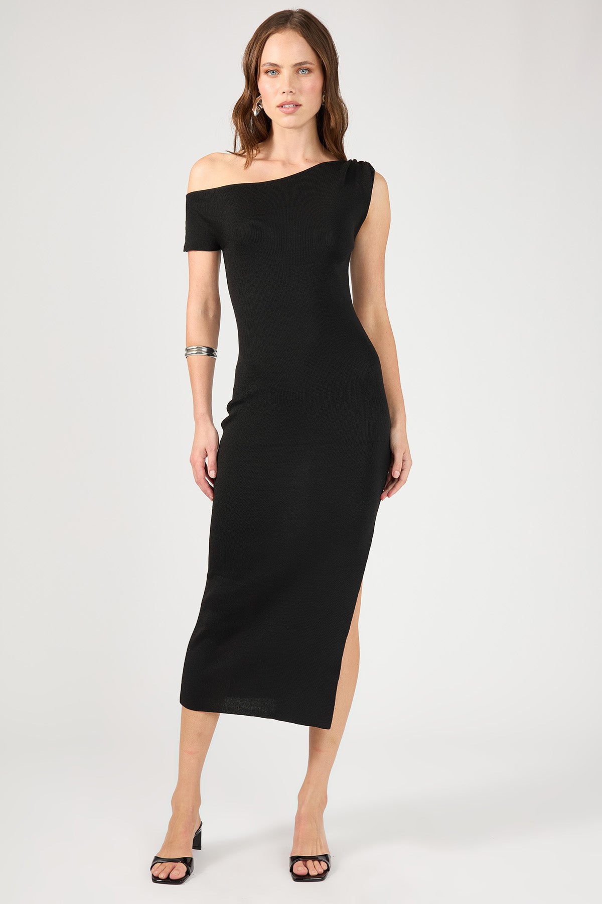 Perfect Stranger Draped Shoulder Knit Dress Black