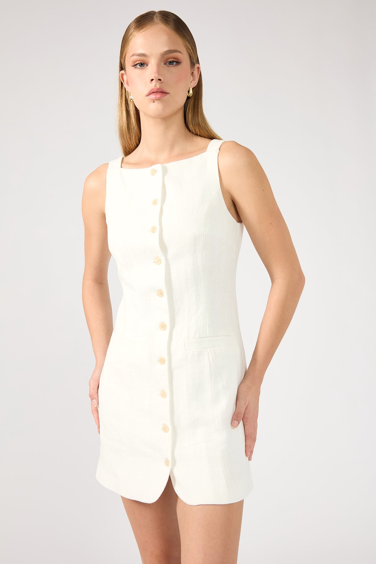 Perfect Stranger High Neck Button Up Linen Mini Dress White