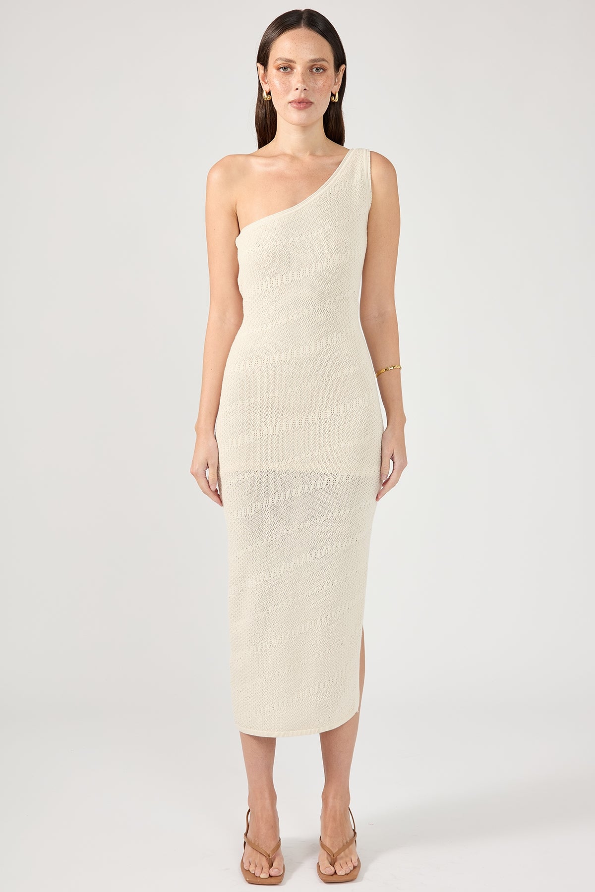 Perfect Stranger Sahara Diagonal Knit One Shoulder Midi Dress Nude