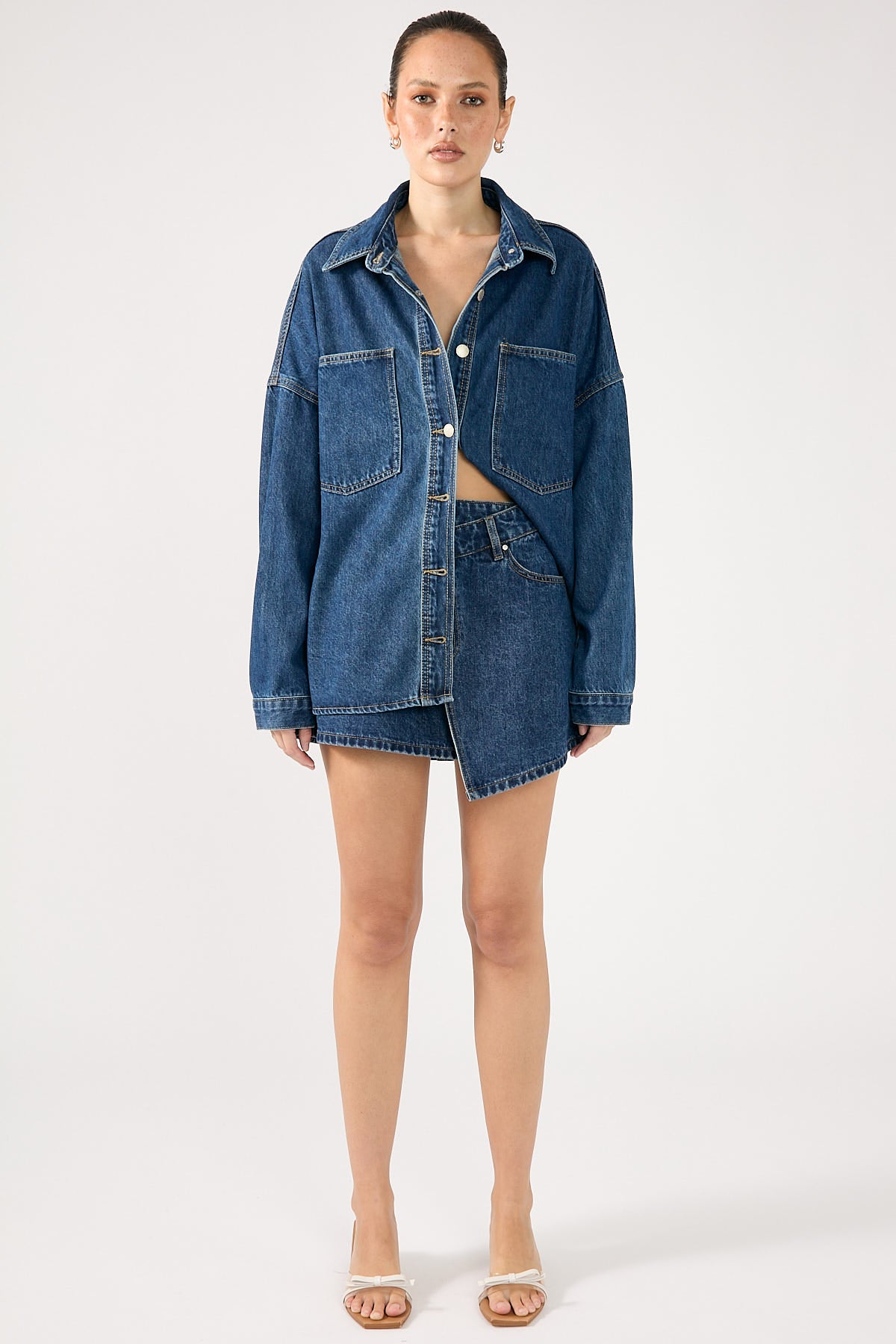 Perfect Stranger Sonya Wrap Denim Mini Skirt Mid Blue Denim