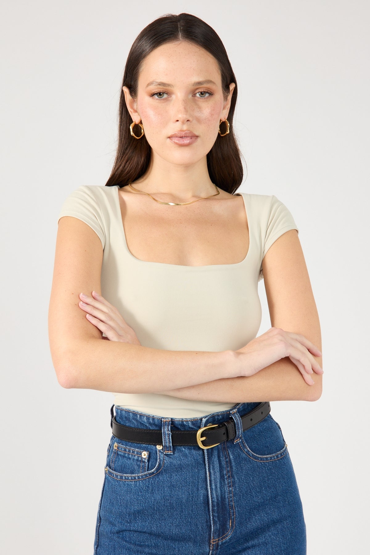 Perfect Stranger Scoop Neck Cap Sleeve Tee Nude