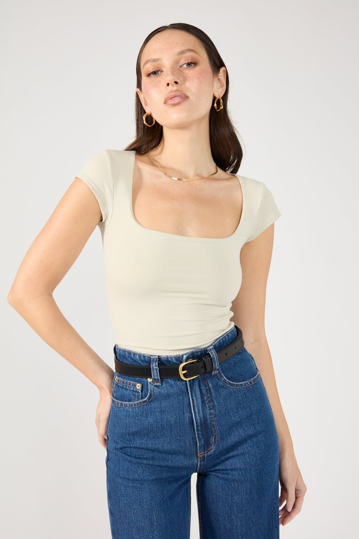 Perfect Stranger Scoop Neck Cap Sleeve Tee Nude