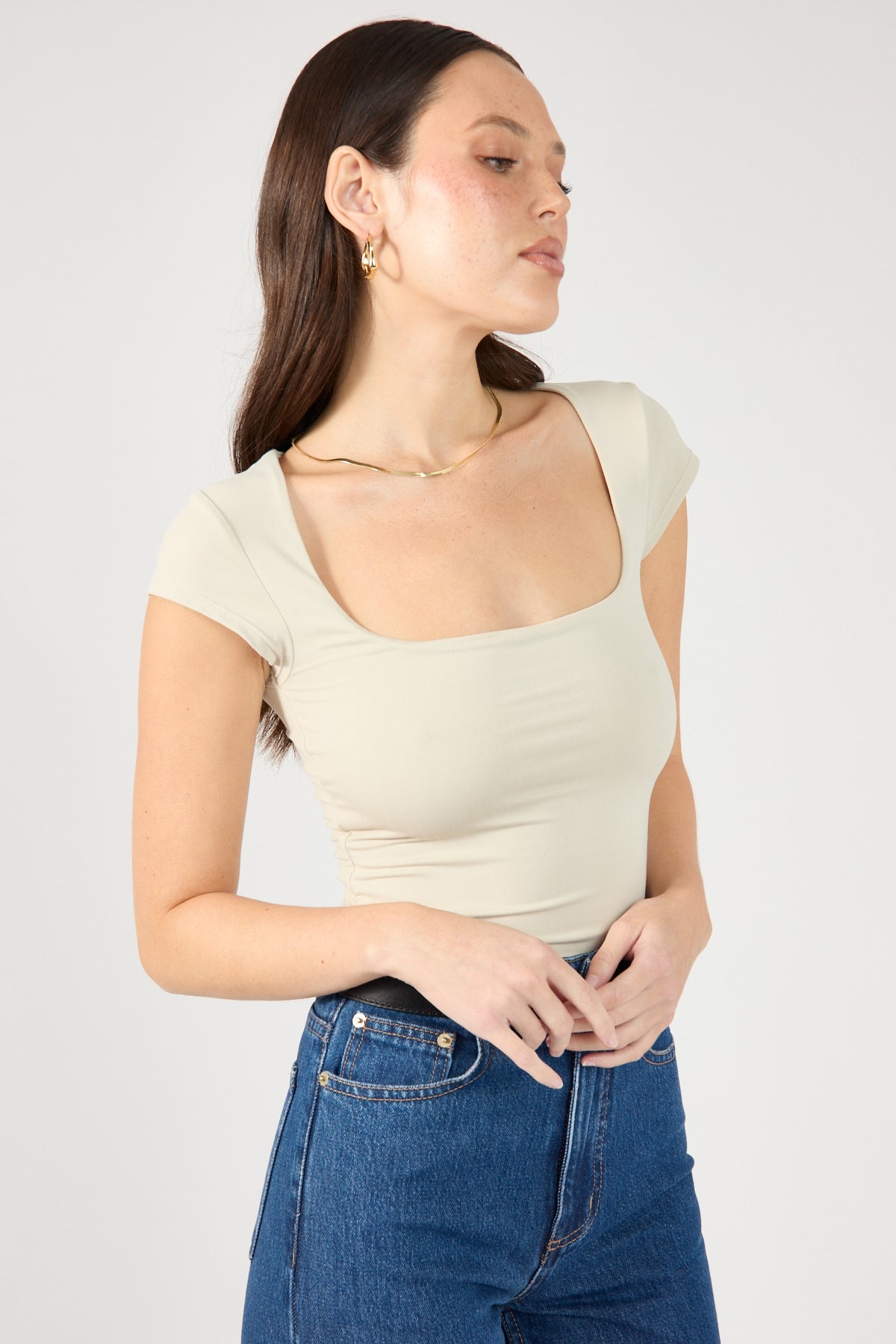 Perfect Stranger Scoop Neck Cap Sleeve Tee Nude