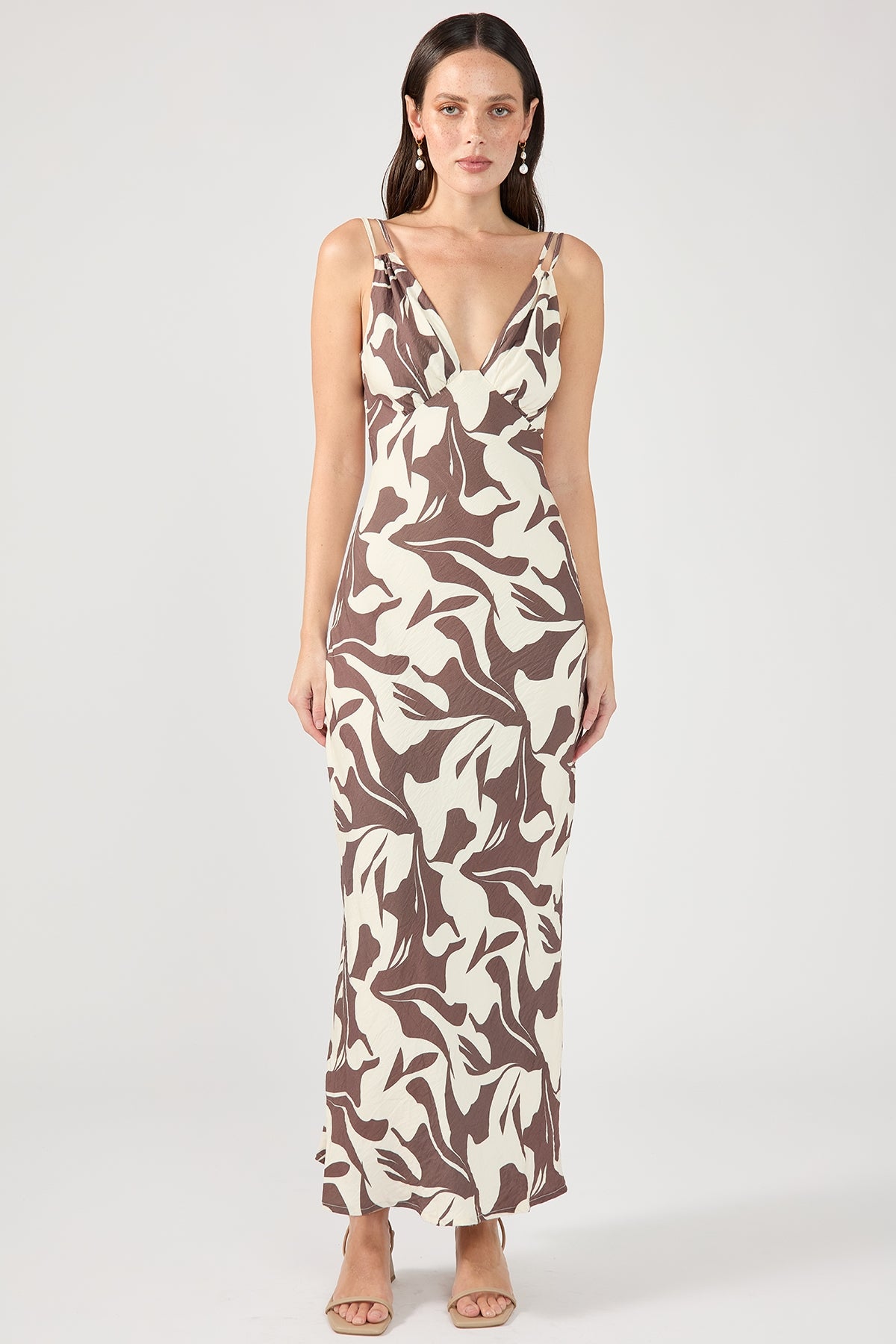 Perfect Stranger Espresso Tie Back Midi Dress Brown Print