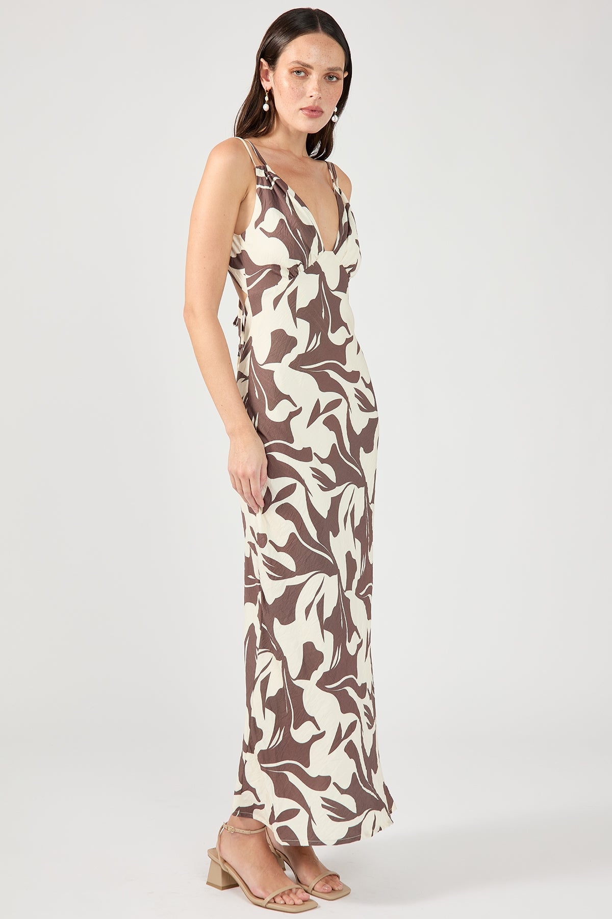 Perfect Stranger Espresso Tie Back Midi Dress Brown Print